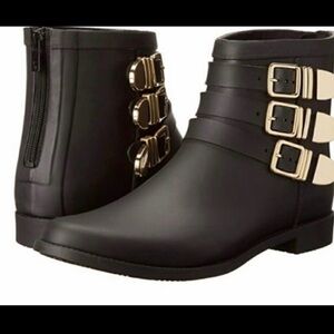 Loeffler Randall Fenton Rain Boot Black Rubber Bootie Short Buckles size 7